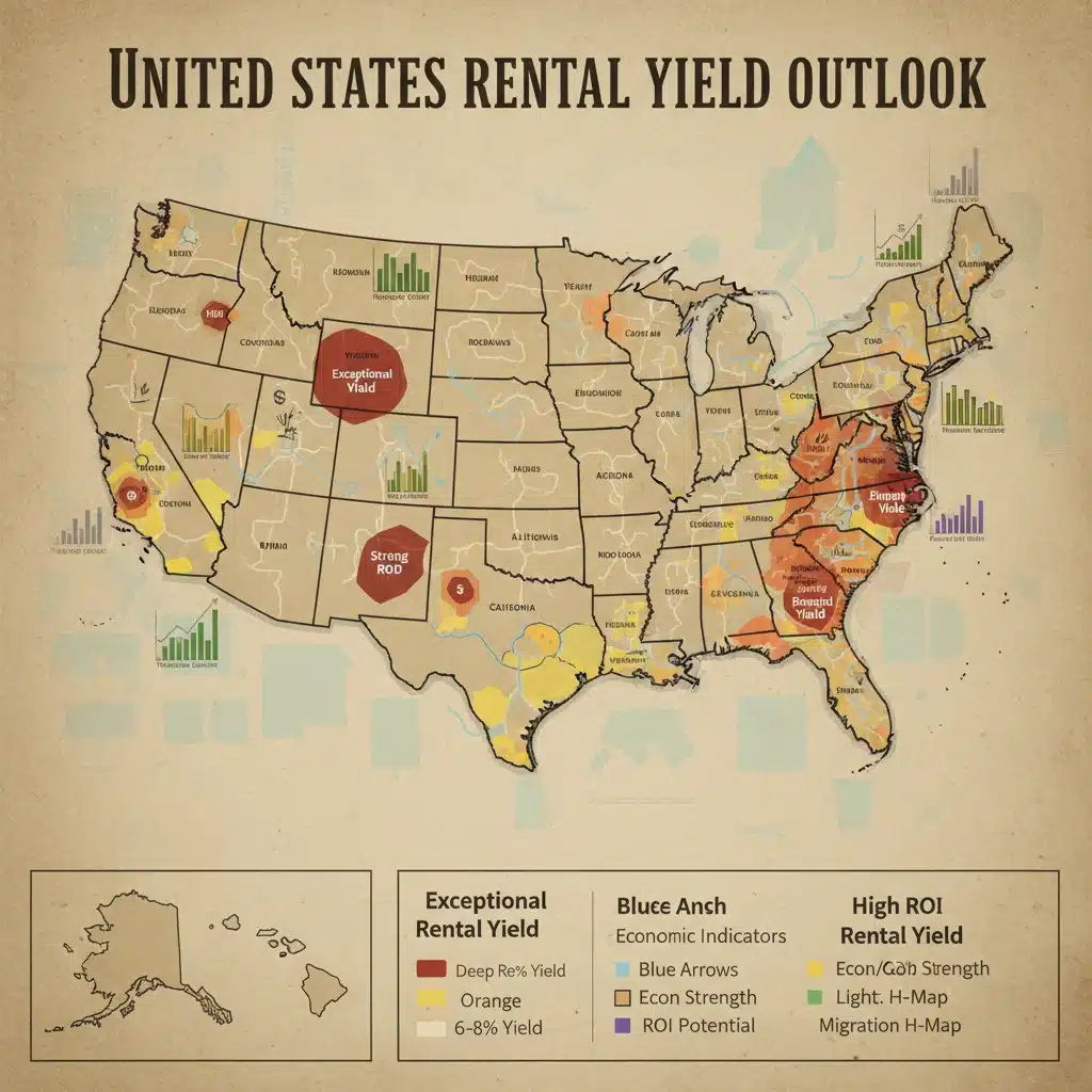 Map of US highlighting high rental yield real estate markets with economic indicators