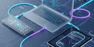 Futuristic devices connected by glowing USB-C cables, symbolizing universal compatibility