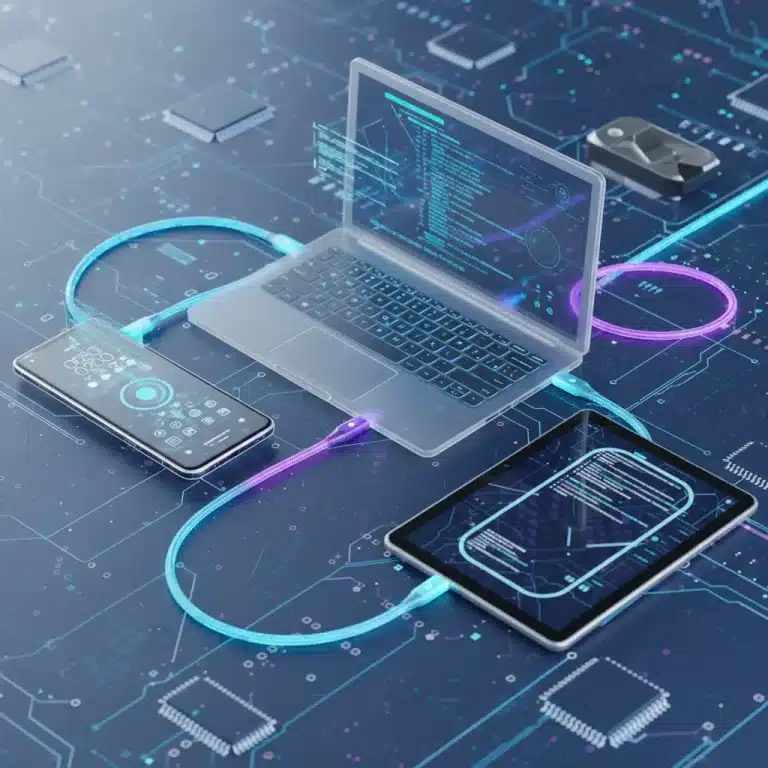 Futuristic devices connected by glowing USB-C cables, symbolizing universal compatibility
