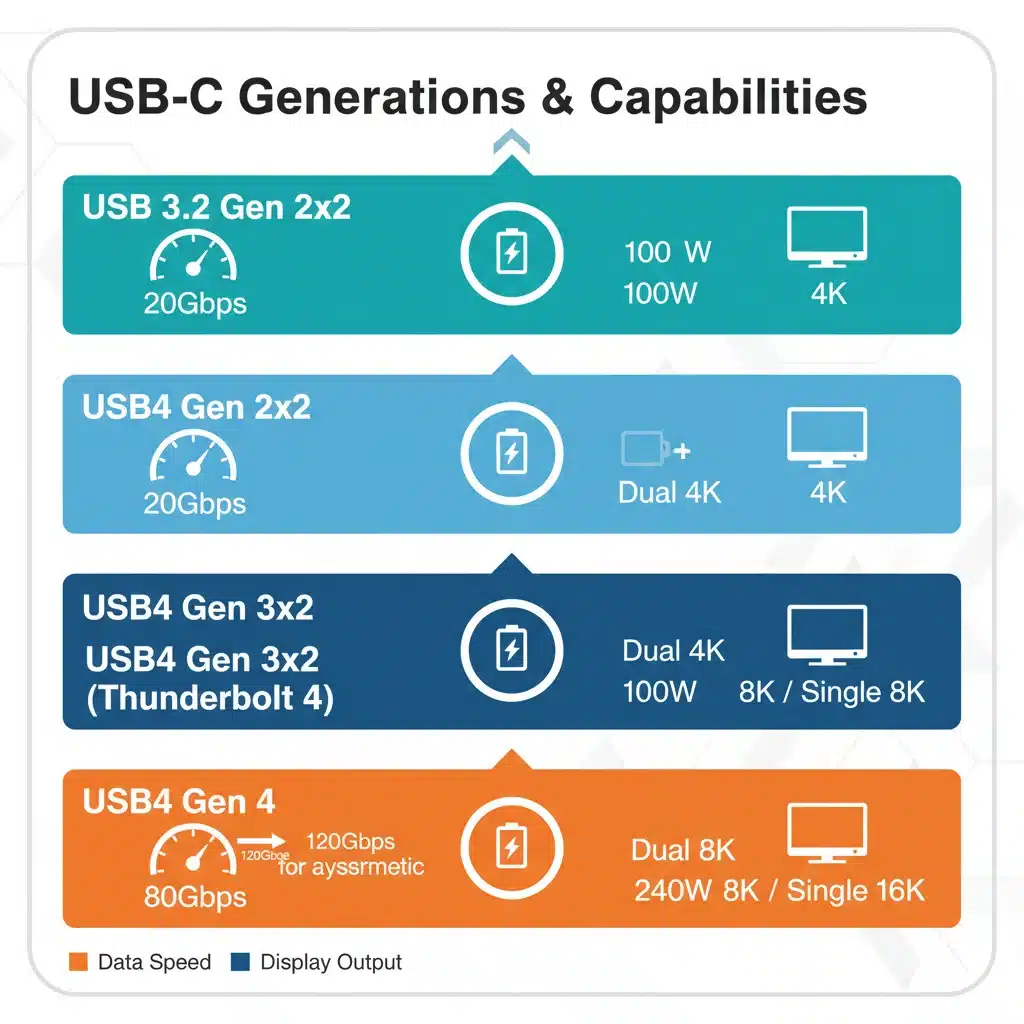 Infographic comparing USB-C generations, speeds, and power delivery capabilities