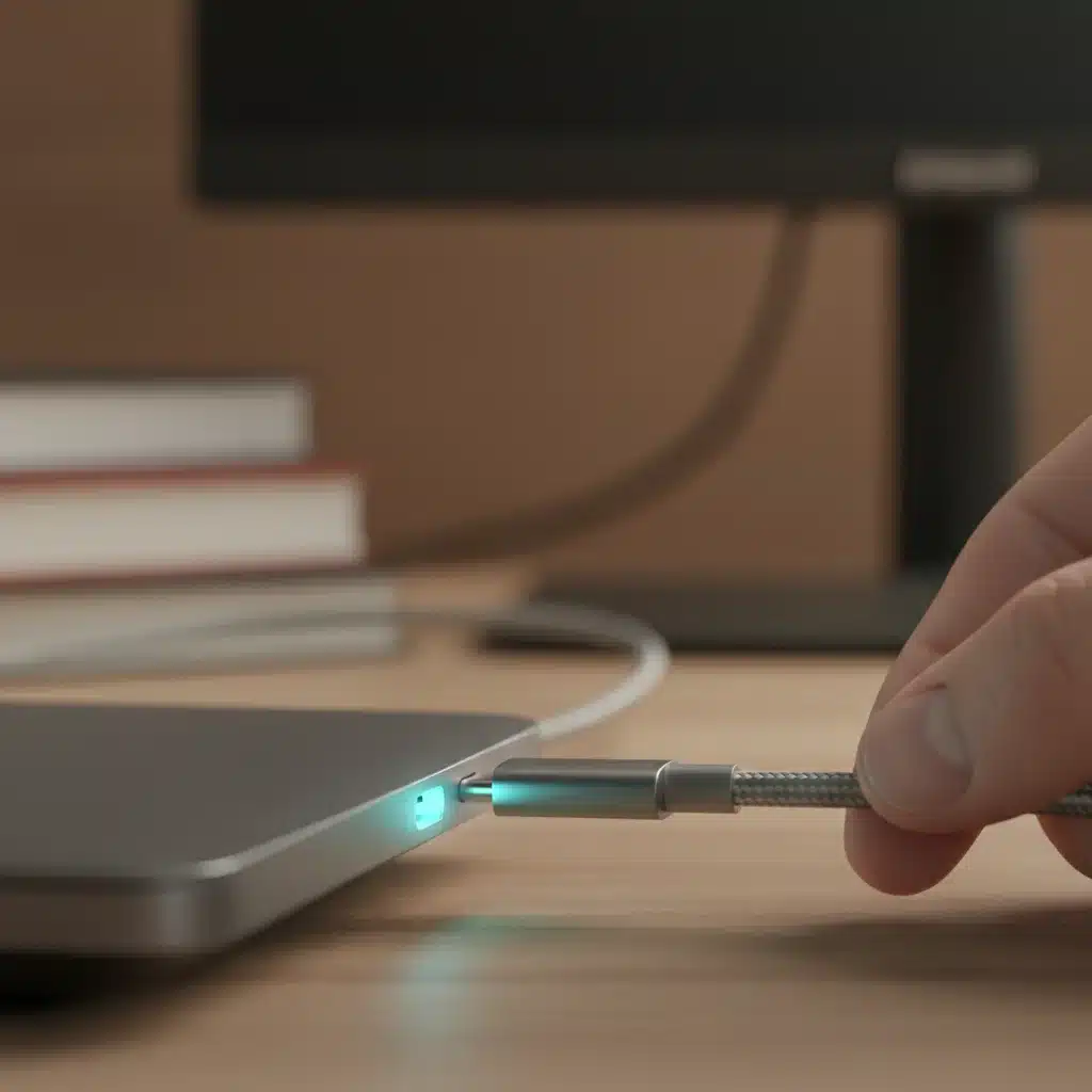 Close-up of a modern laptop's USB-C port with a cable ready to connect