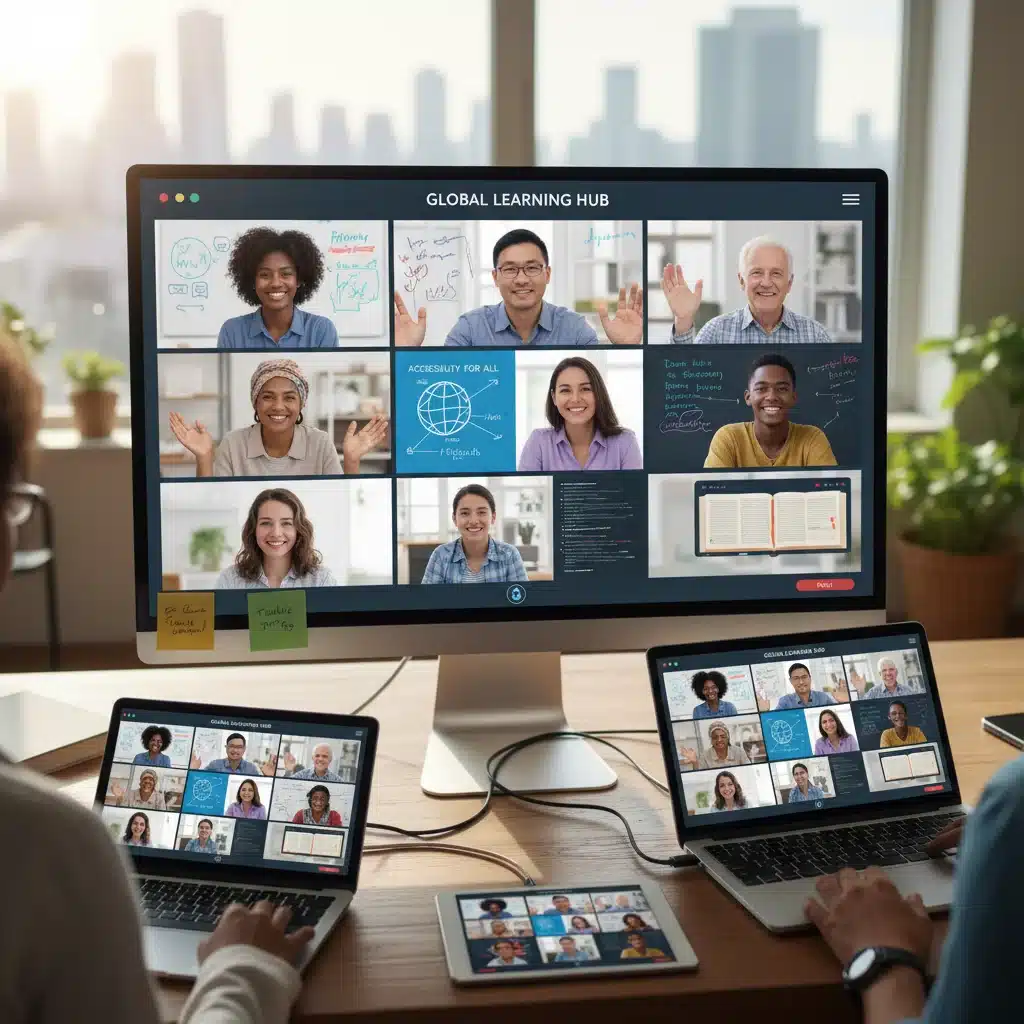 Diverse students and teachers collaborating virtually on an online learning platform, showcasing accessibility.