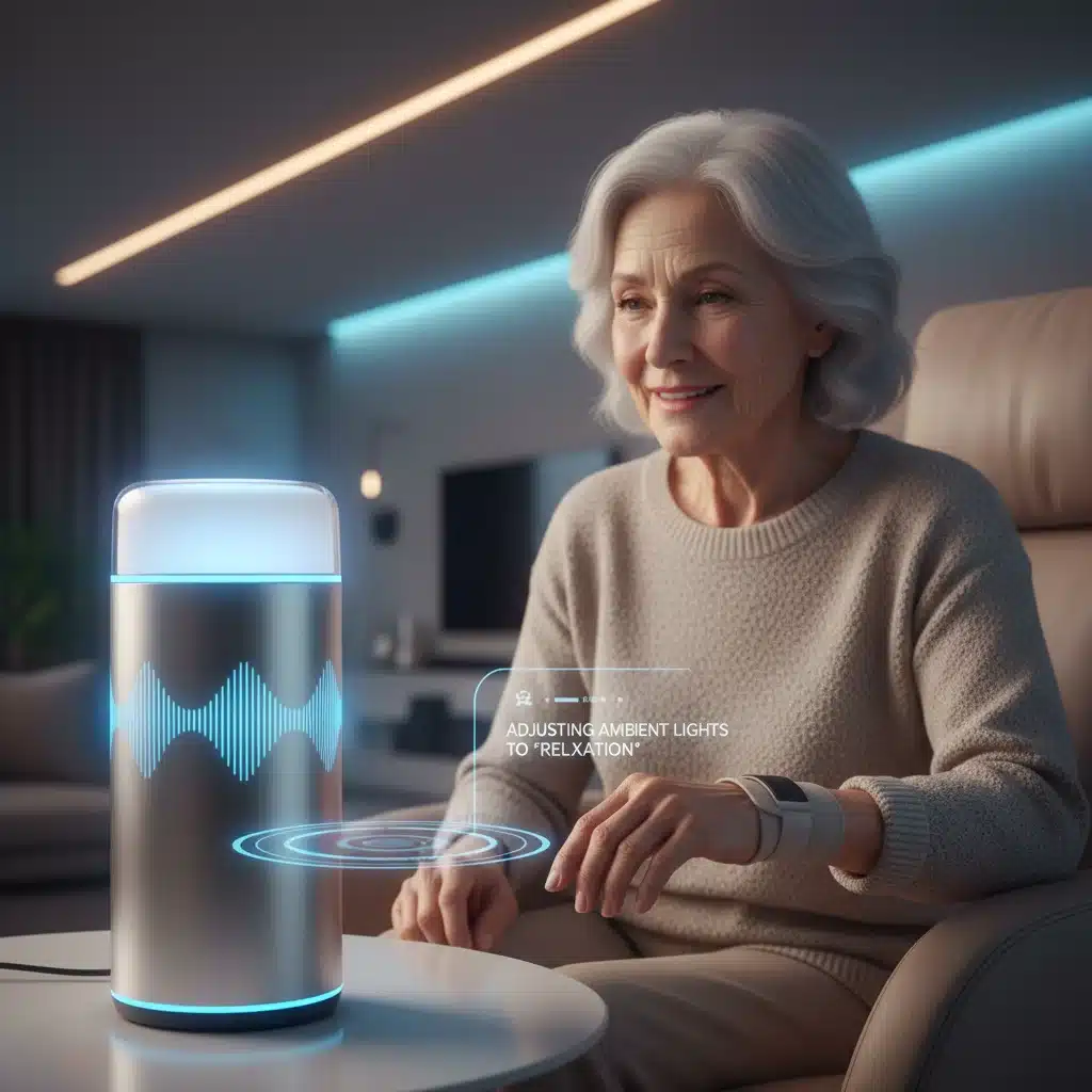 Elderly user interacting with a smart voice assistant for home control