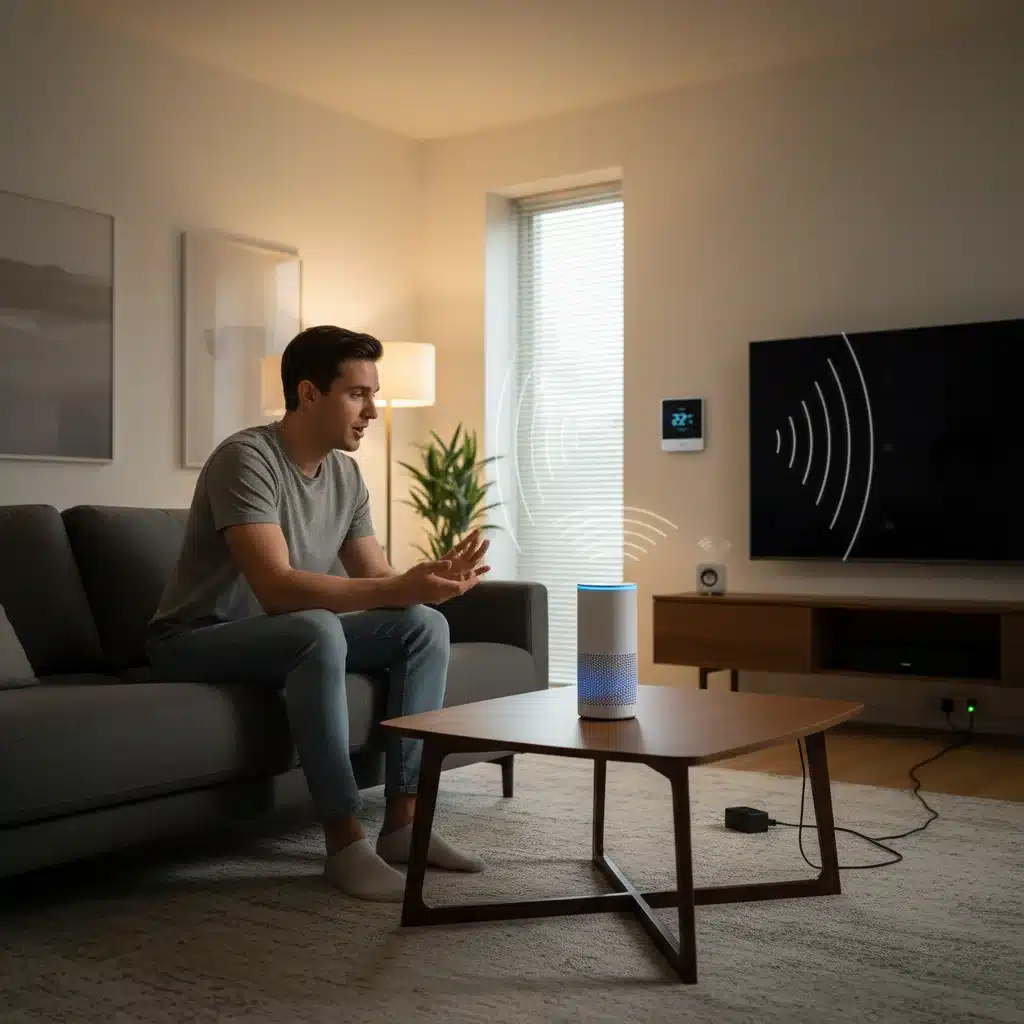 Person using voice commands with smart assistant in a modern living room