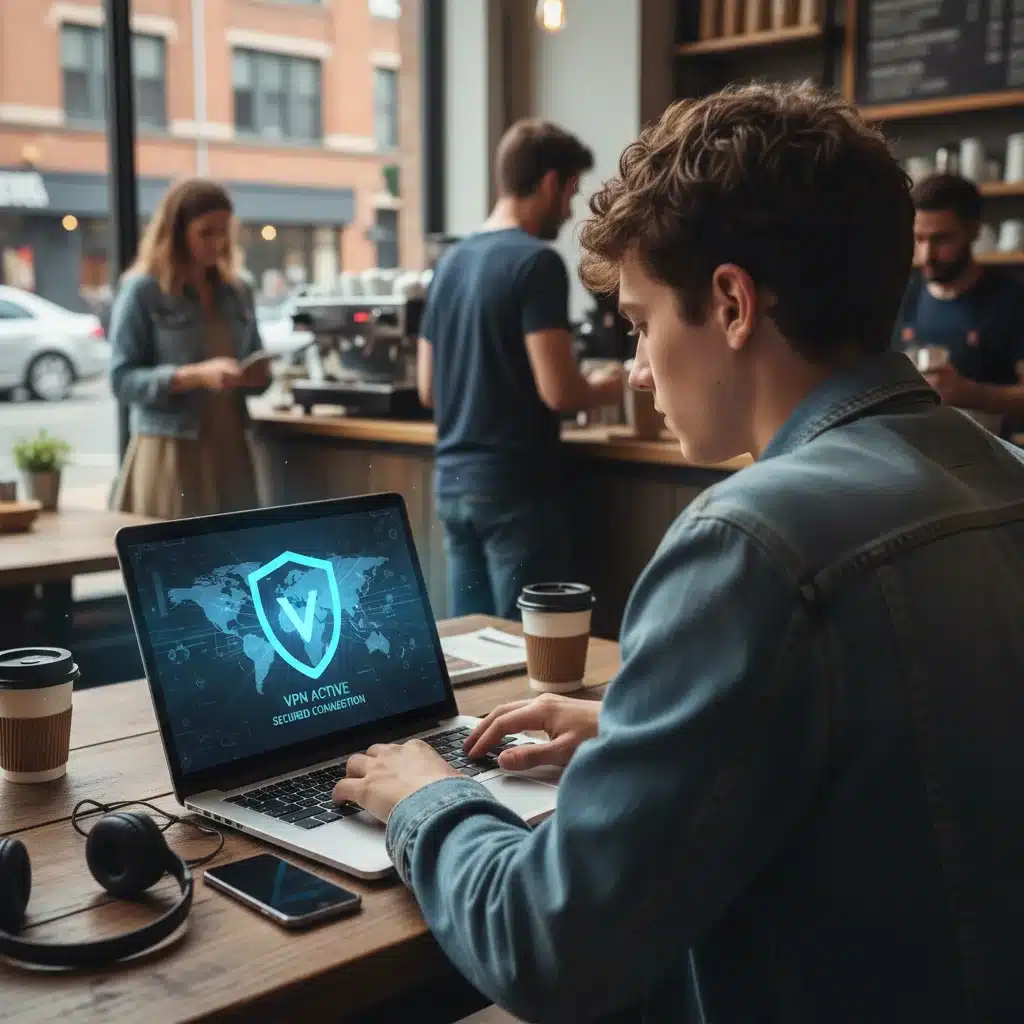 User on laptop in coffee shop with VPN shield, emphasizing public Wi-Fi security.