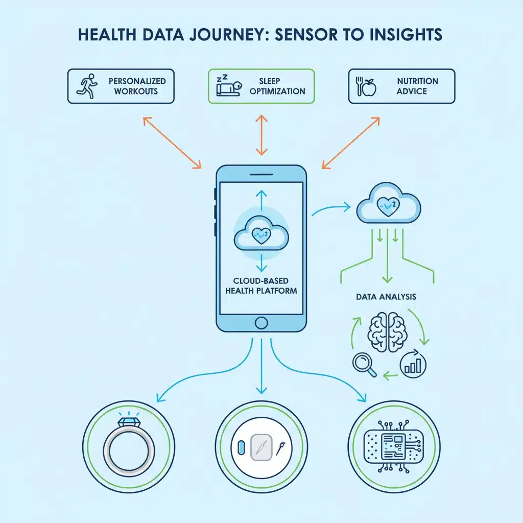 Infographic showing data flow from multiple wearable sensors to a health platform.