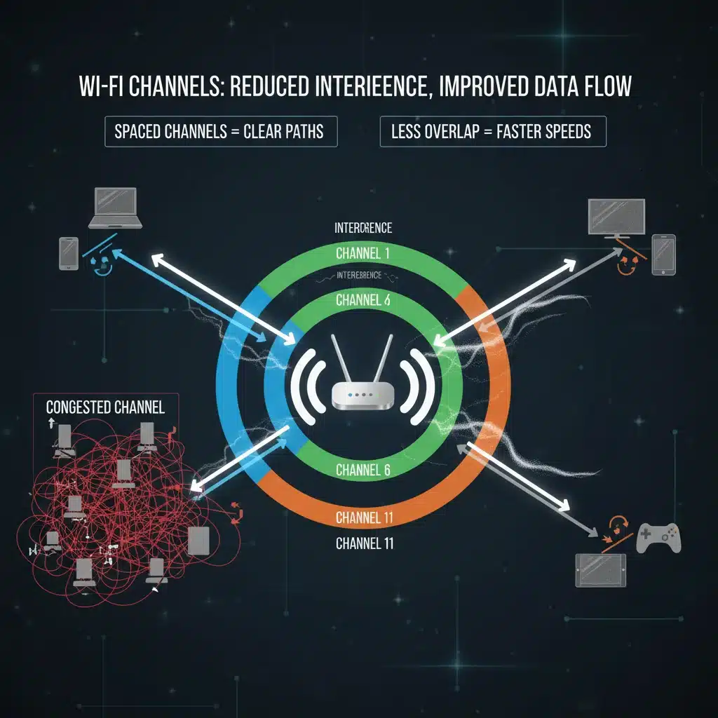Visual representation of Wi-Fi channel optimization for reduced interference