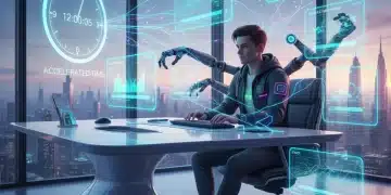 Person efficiently working at a desk with AI tools, saving time.