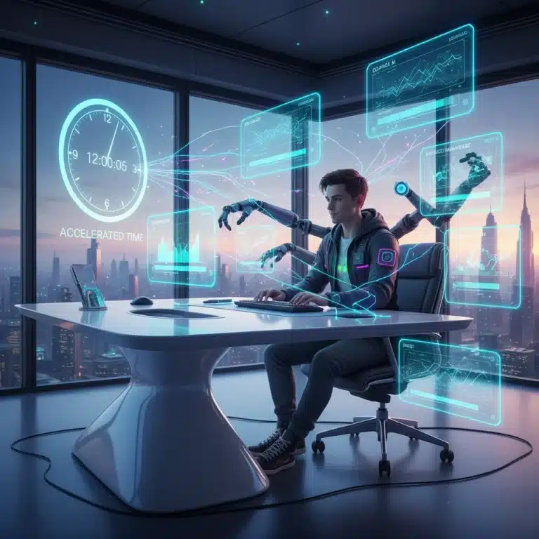 Person efficiently working at a desk with AI tools, saving time.