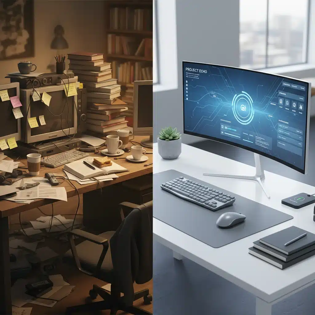 Transition from chaotic to organized desk using AI task management.