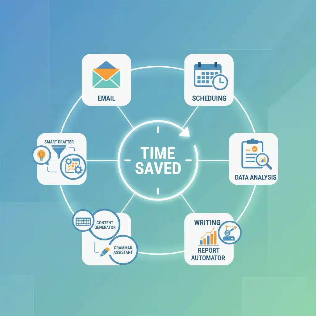Infographic showing AI tools connected to daily tasks saving time.