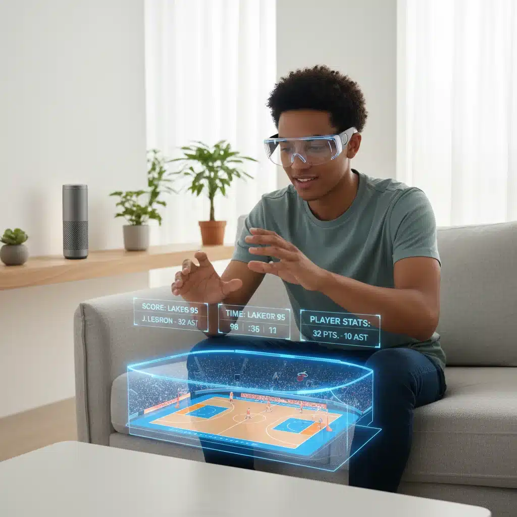 Person using AR glasses for immersive home entertainment