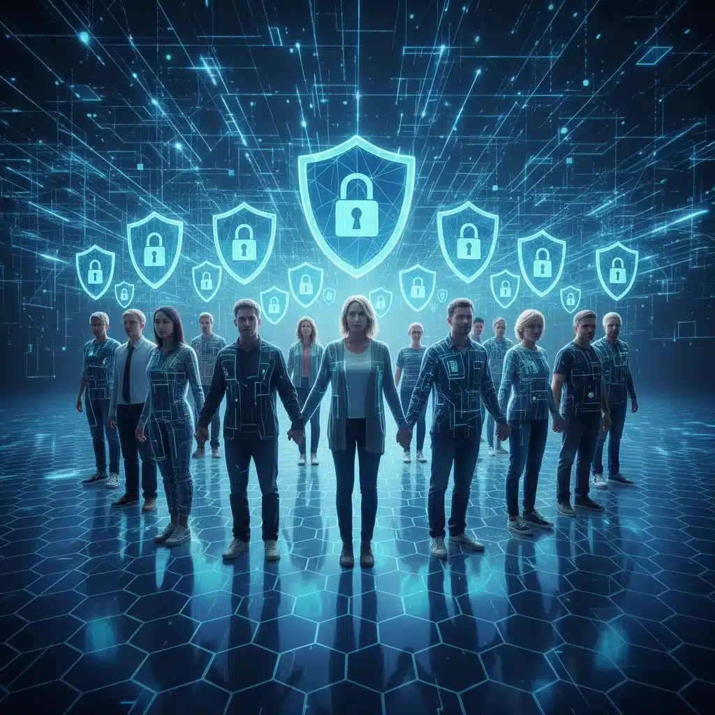 Diverse group of people with data protection shields in a digital network
