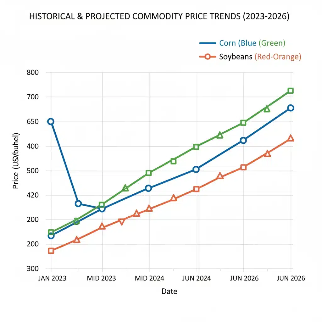 Chart showing projected price trends for major US agricultural commodities like corn, soybeans, and wheat.