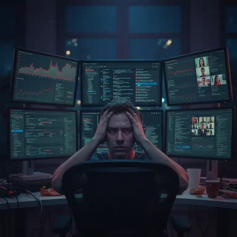Stressed person surrounded by multiple digital screens, illustrating digital burnout.