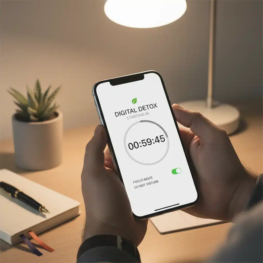 Hand holding smartphone with timer for digital detox.