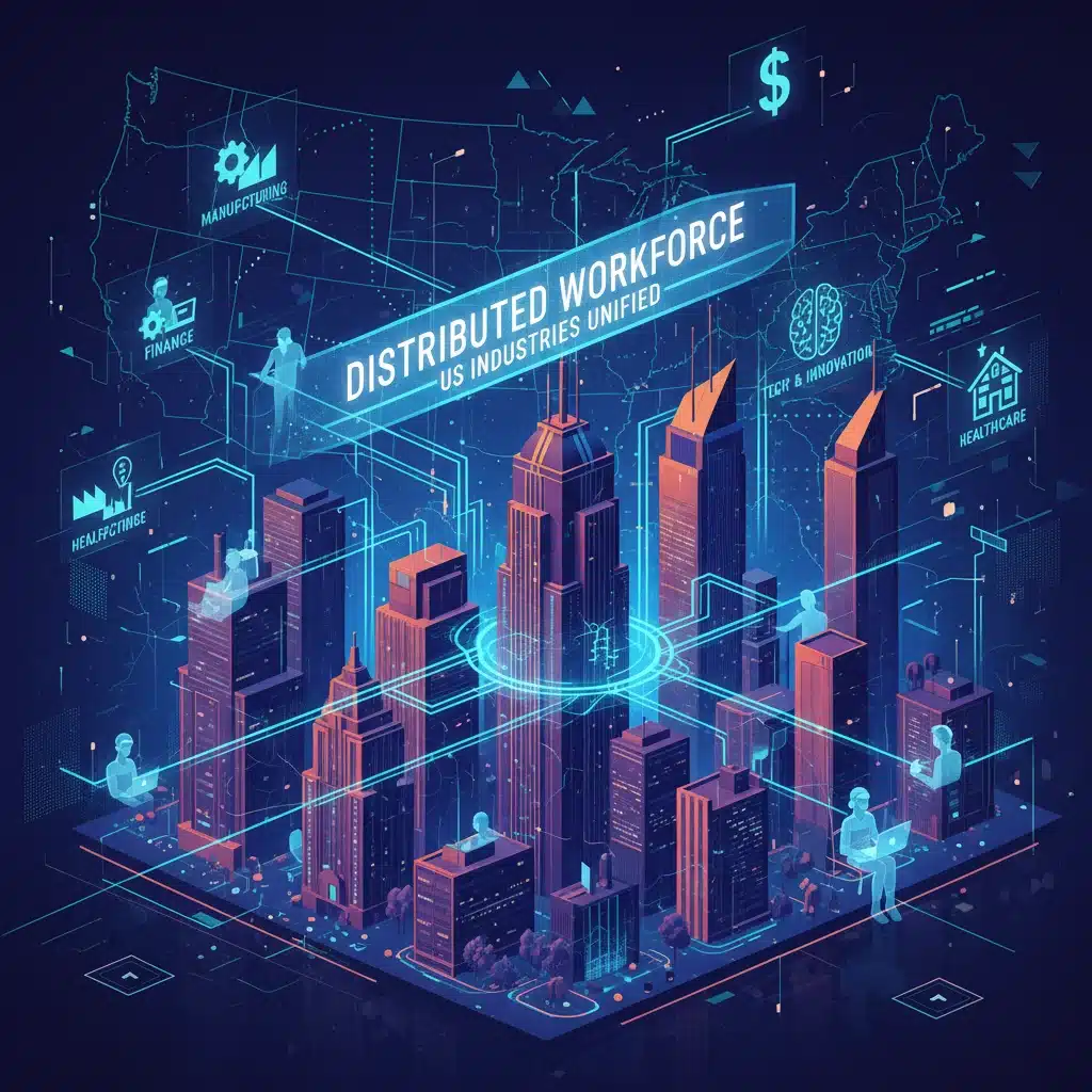 Digital connections over a city skyline symbolizing distributed remote workforce infrastructure.