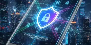 Futuristic smartphone with digital shield icon representing mobile cybersecurity in 2026