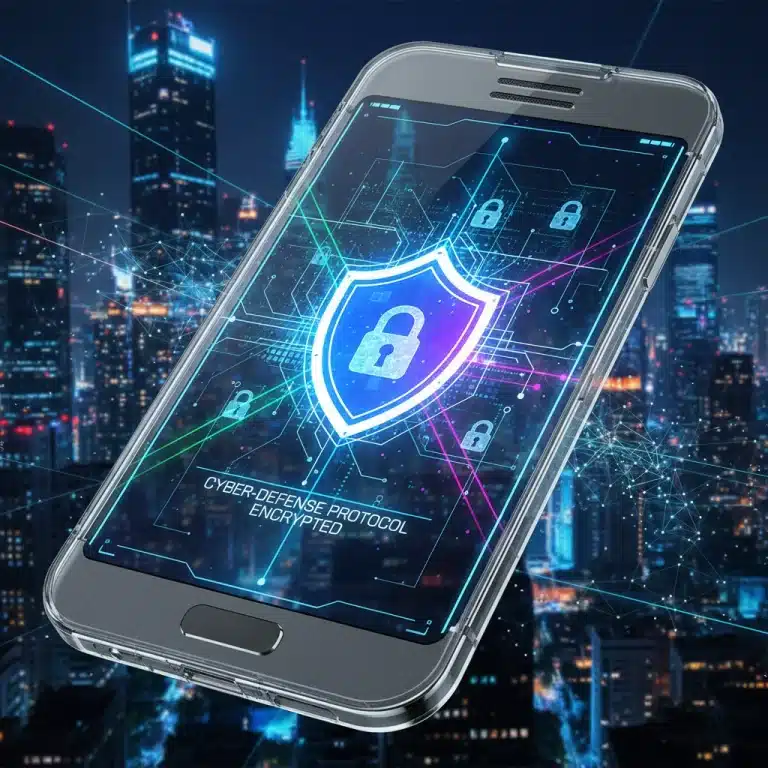 Futuristic smartphone with digital shield icon representing mobile cybersecurity in 2026