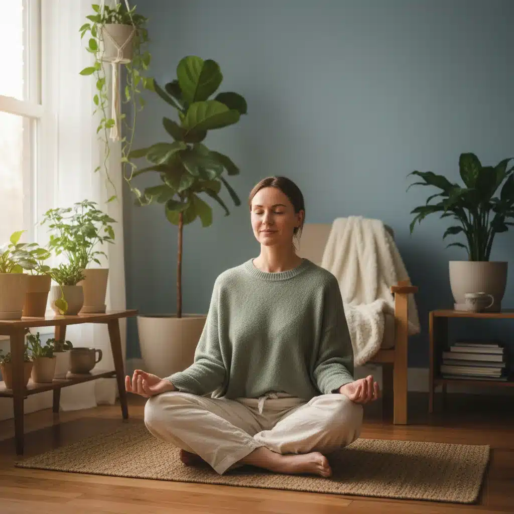 Person meditating for self-care and mental well-being at home.