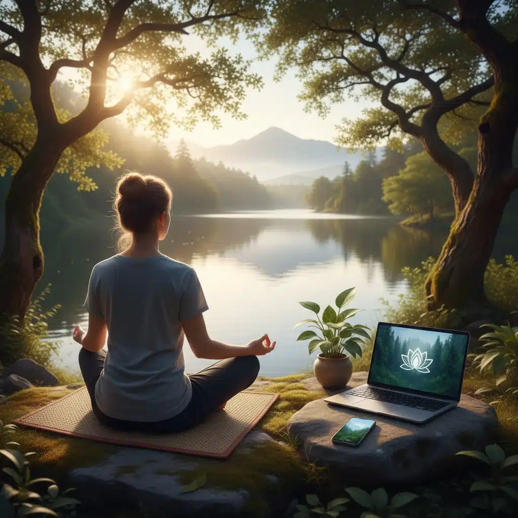 Person meditating outdoors, balancing technology and nature.