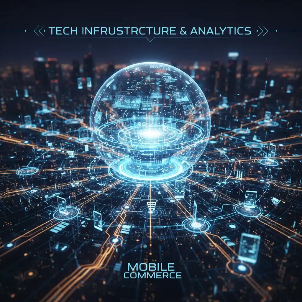 Interconnected devices and data streams, representing advanced mobile commerce technology and analytics.