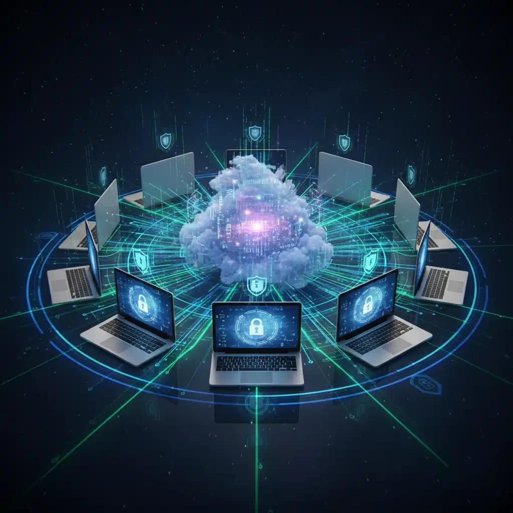 Network of devices forming a protective barrier around a data cloud, illustrating mobile security ecosystem