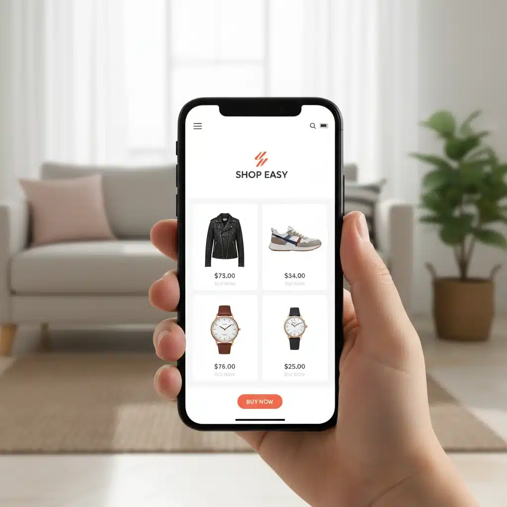 Hand holding smartphone, browsing e-commerce app, symbolizing convenient mobile shopping.