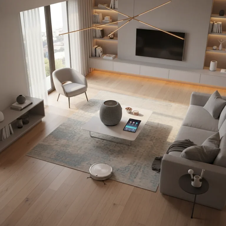 Smart home devices in a clean modern living room, representing efficient home automation and maintenance.