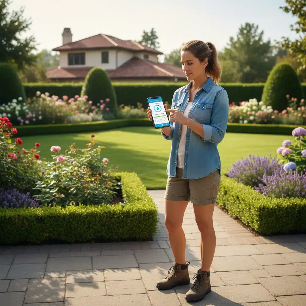 Homeowner monitoring smart irrigation system via a smartphone app.