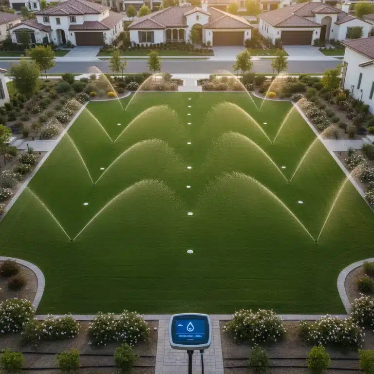 Smart irrigation system efficiently watering a lush green residential lawn.