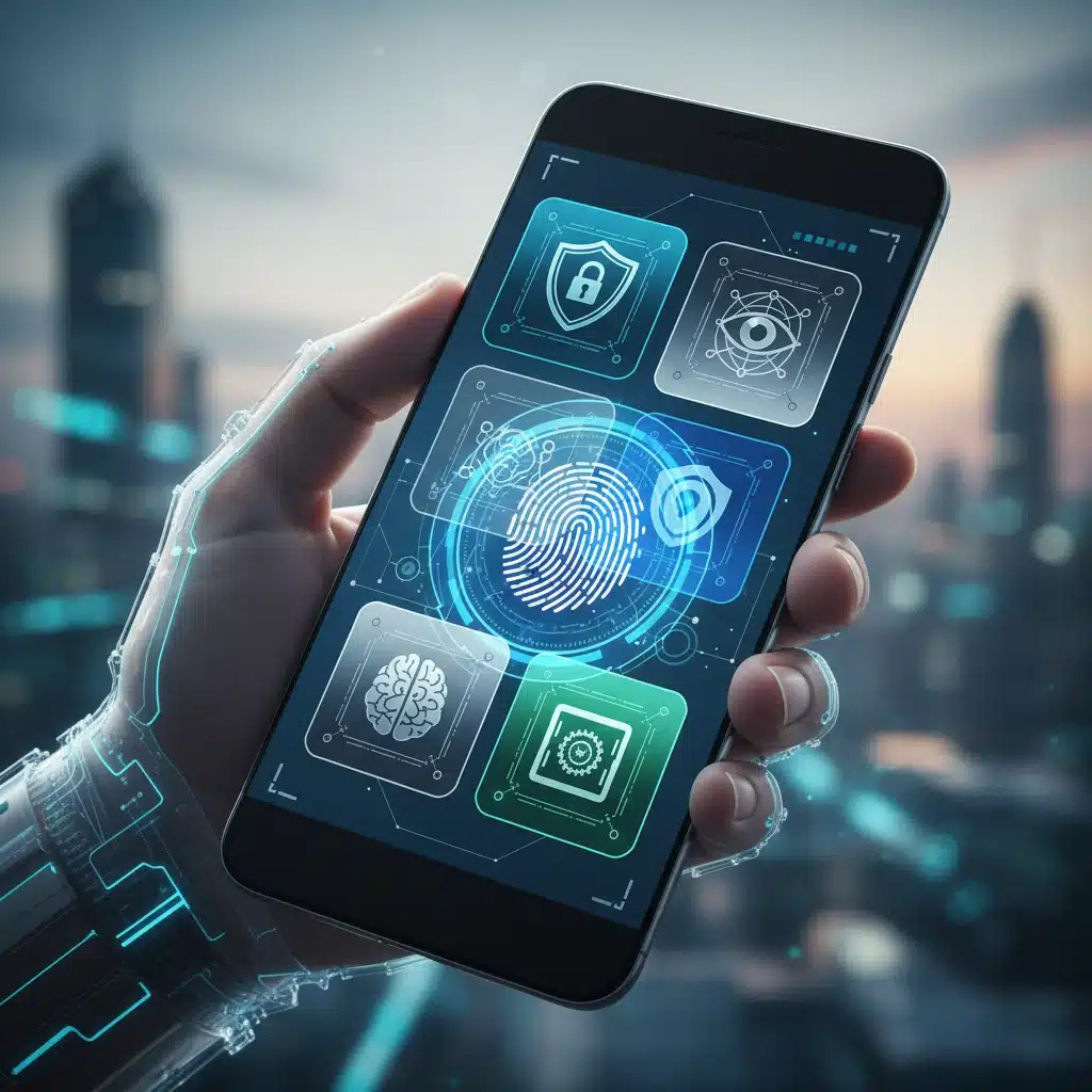 Close-up of hand holding smartphone with security app icons and biometric scan animation