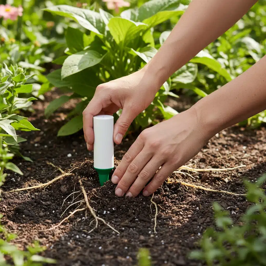 Soil moisture sensor installation in a garden bed.