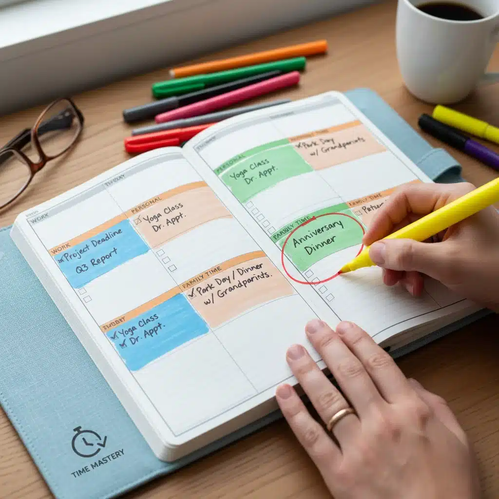 Effective time management with a color-coded planner for work and personal tasks.