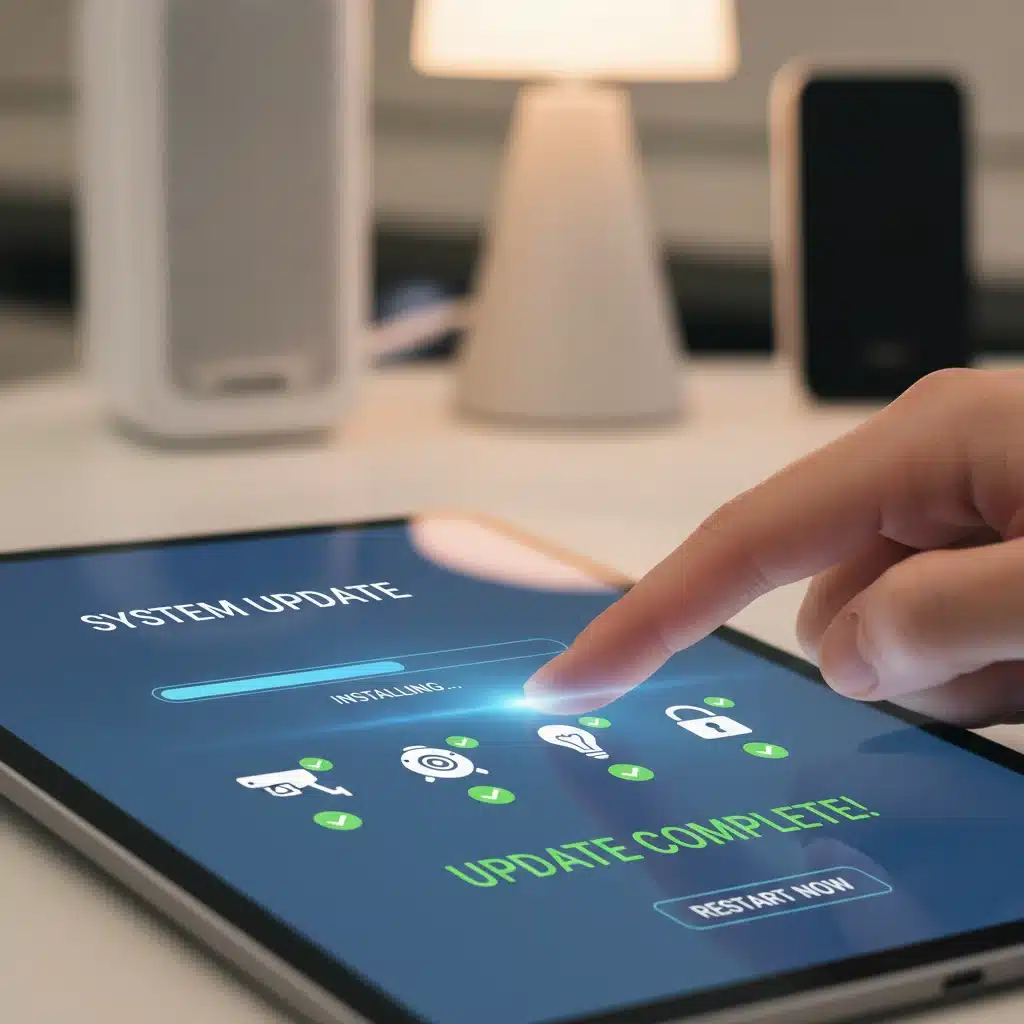 Hand updating smart home software on a tablet, showing digital maintenance.