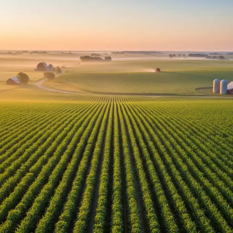 Vast agricultural fields in the US Midwest, symbolizing future harvests and commodity production.