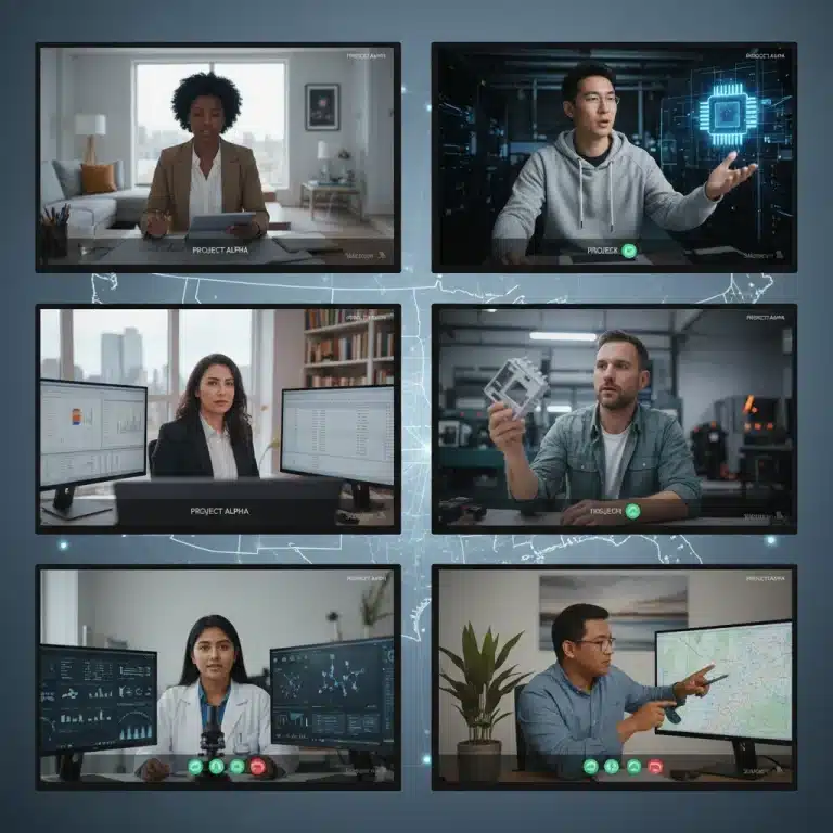 Professionals collaborating virtually across different US industries, highlighting remote work's growth.