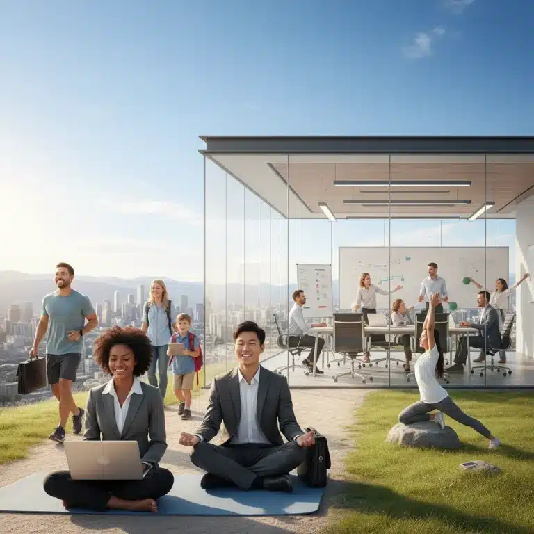 Professionals balancing work and personal life, symbolizing work-life harmony in the US.